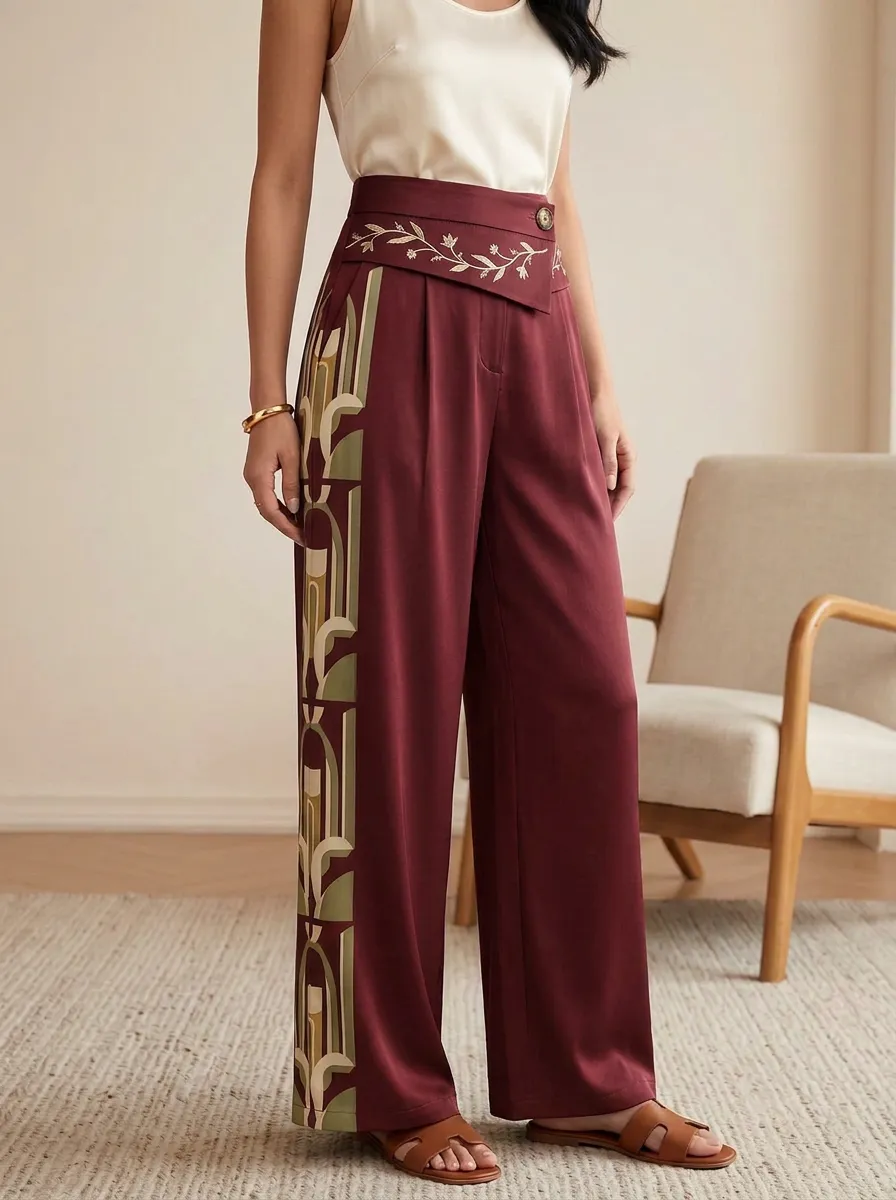 Women's Geometric Floral Embroidered High-Waisted Wide-Leg Pants