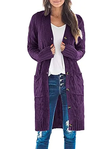 Womens Long Sleeve Cable Knit Long Cardigan Open Front Button Sweater Outerwear