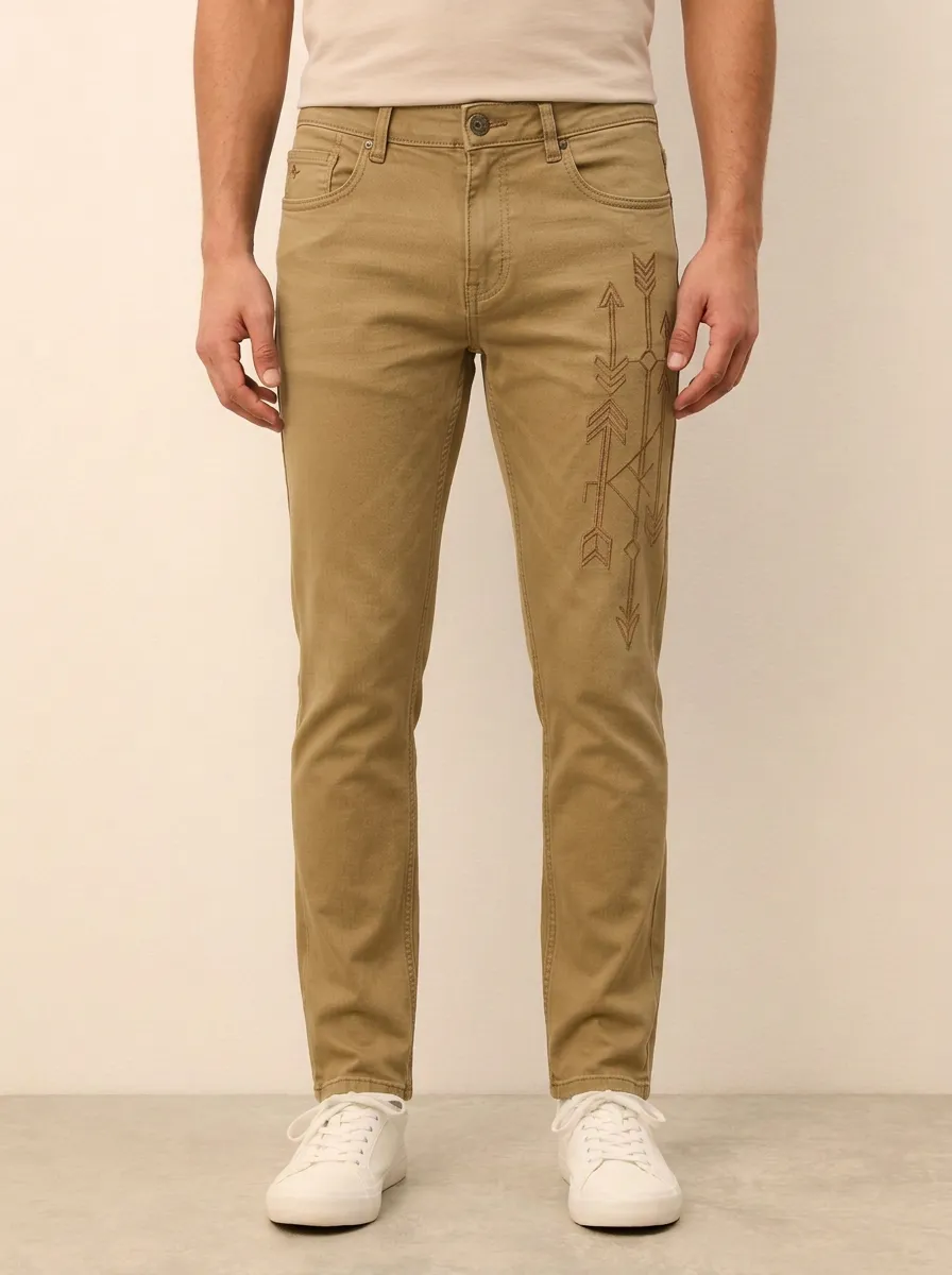 Men's Mid-Blue Tribal Arrow Pattern Stretch Jeans