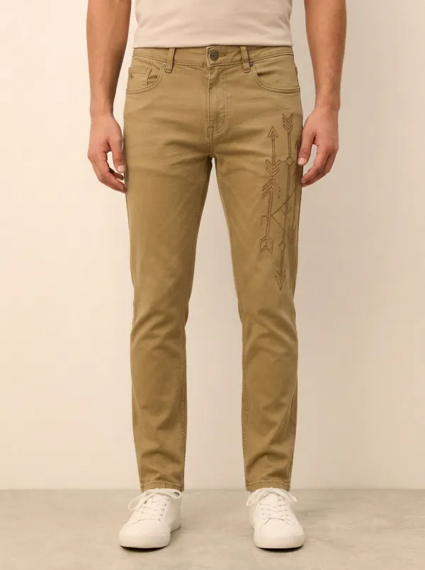 Men's Mid-Blue Tribal Arrow Pattern Stretch Jeans