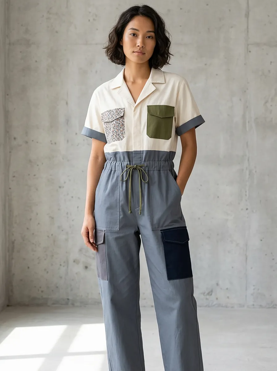 Women's Casual Utility Colorblock Floral Pocket Jumpsuit
