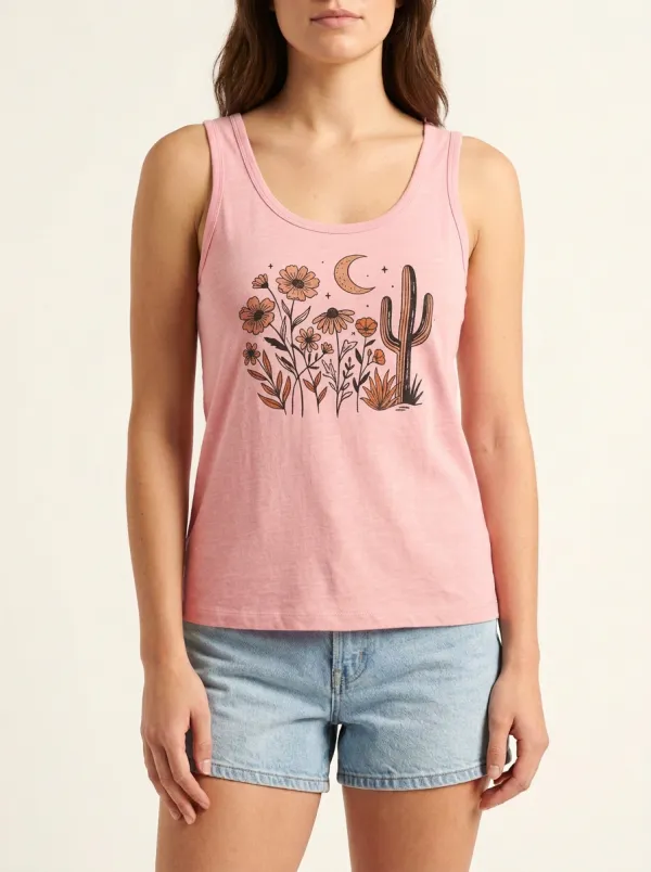 Moon Floral Boho Built-In Bra Tank Top