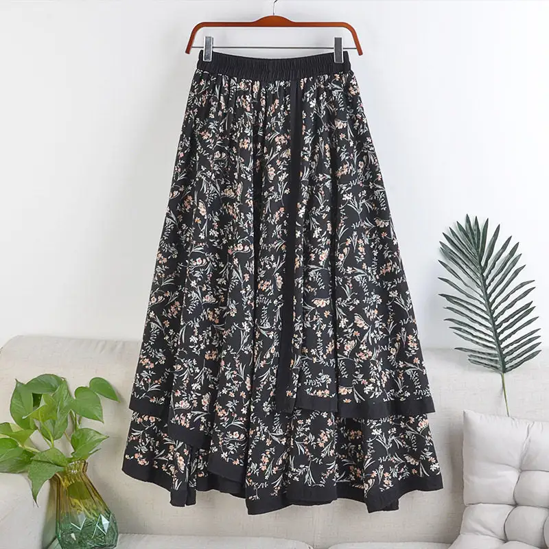 Soft Elastic Waist Floral Patchwork Midi Skirt
