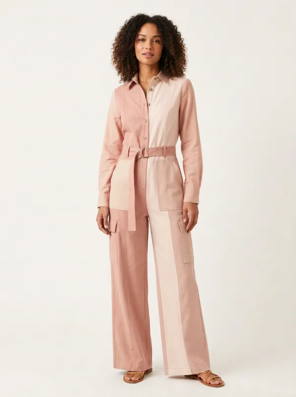 Women's Casual Earth Tone Colorblock Belted Cargo Jumpsuit