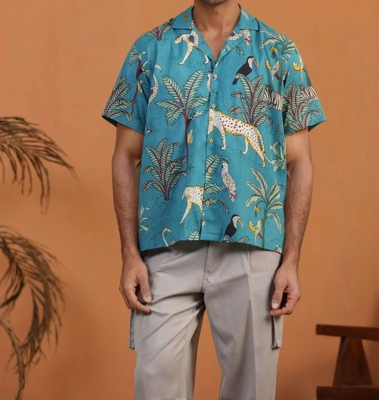 Turquoise Jungle Print Mulmul Cotton Camp Collar Shirt