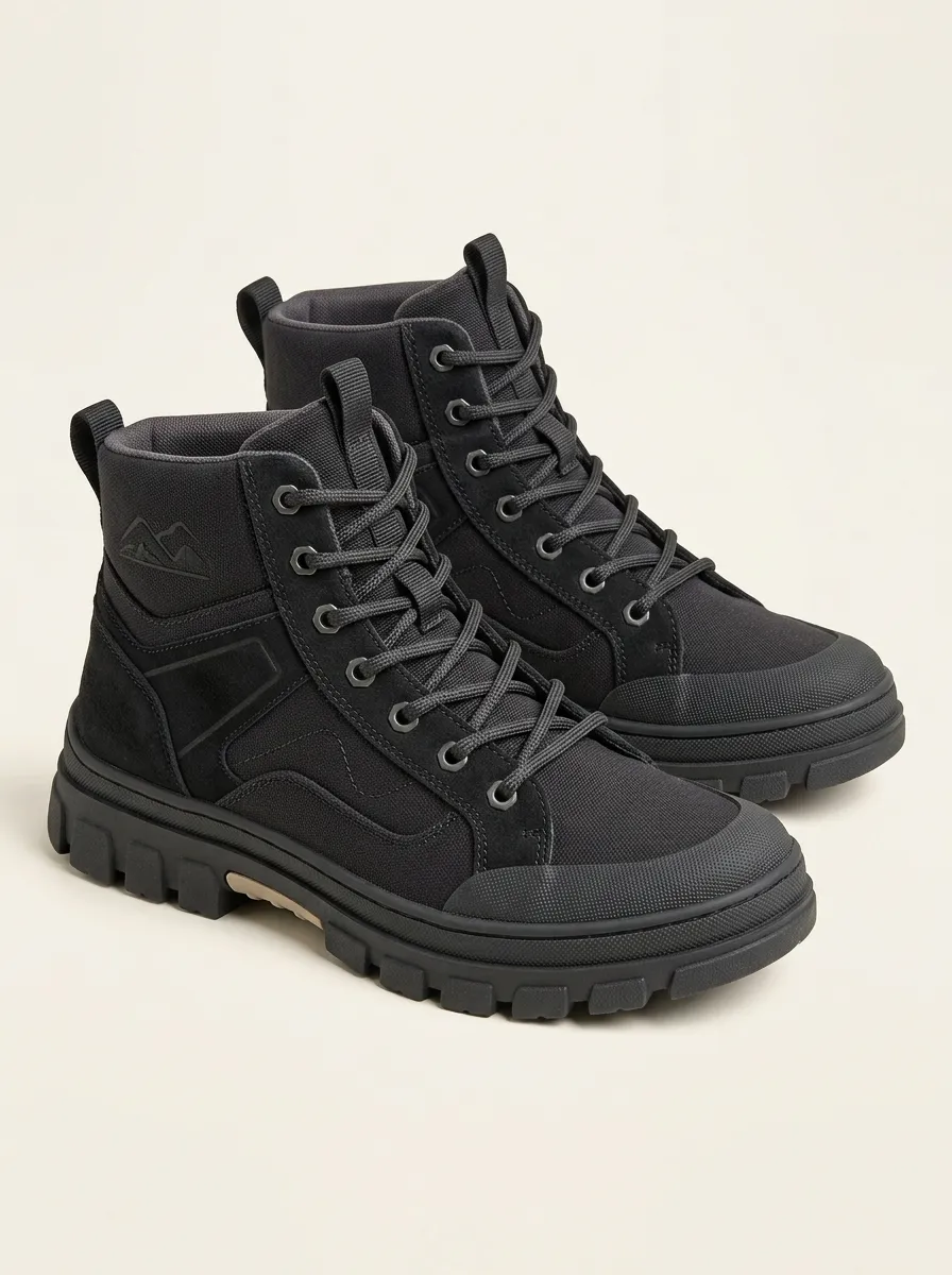 Peak Mountain-Motif Canvas Hiking Boots