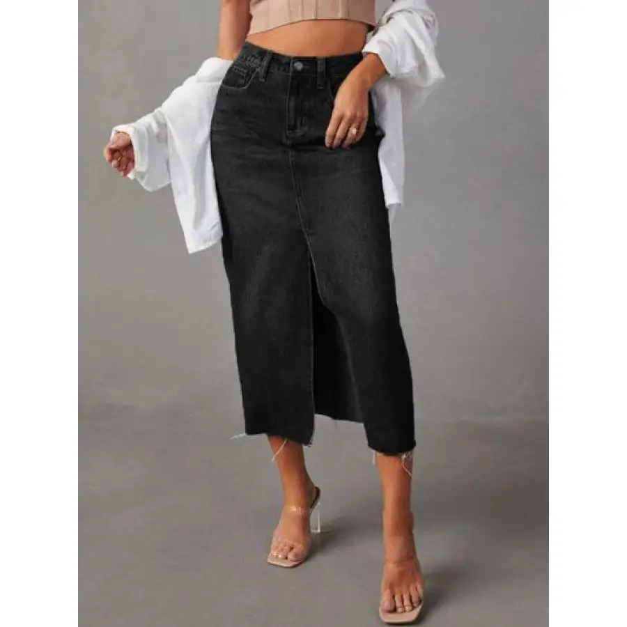 Raw Hem Front Slit Denim Midi Skirt