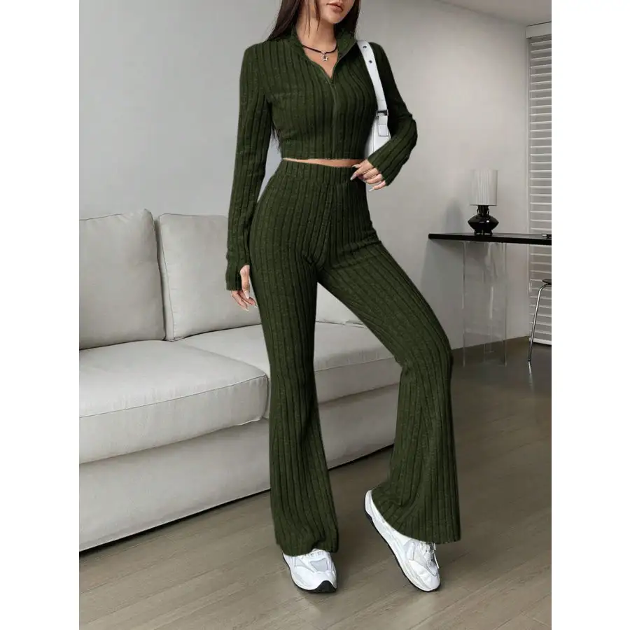 Relaxed Zip Up Long Sleeve Top and Pants Set
