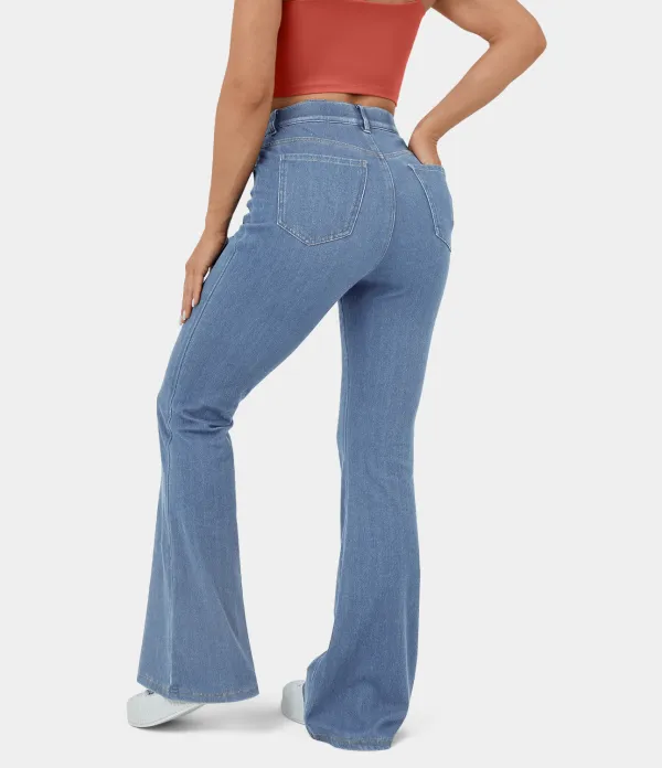 Magic High Waisted Button Pockets Stretchy Knit Casual Flare Jeans