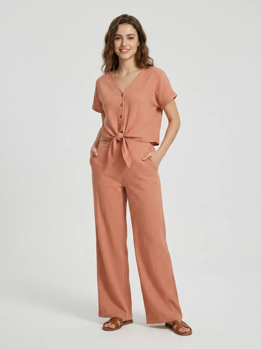 Tie Front Blouse Wide Leg Pants Set