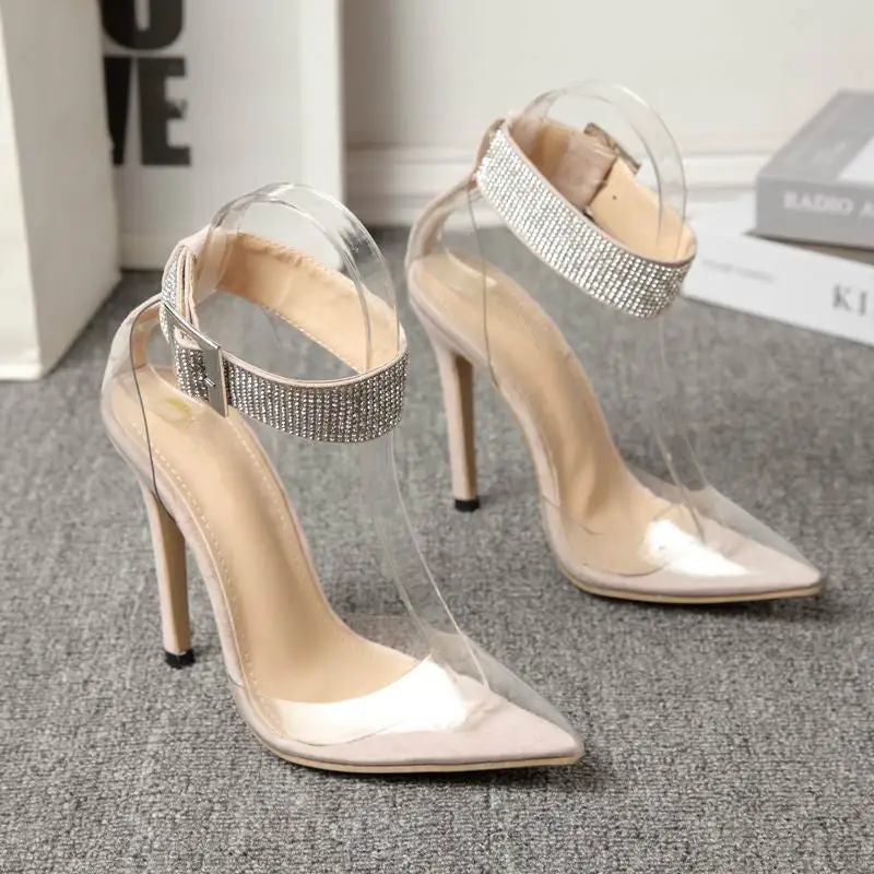 Buckle Strap Stiletto Heel Rhinestone Transparent Detail Shoes