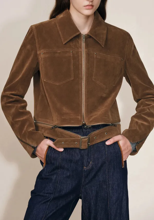 Cropped Belted Faux Suede Jacket