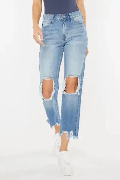 High-Waist Relaxed Frayed Distressed Straight Leg Jeans