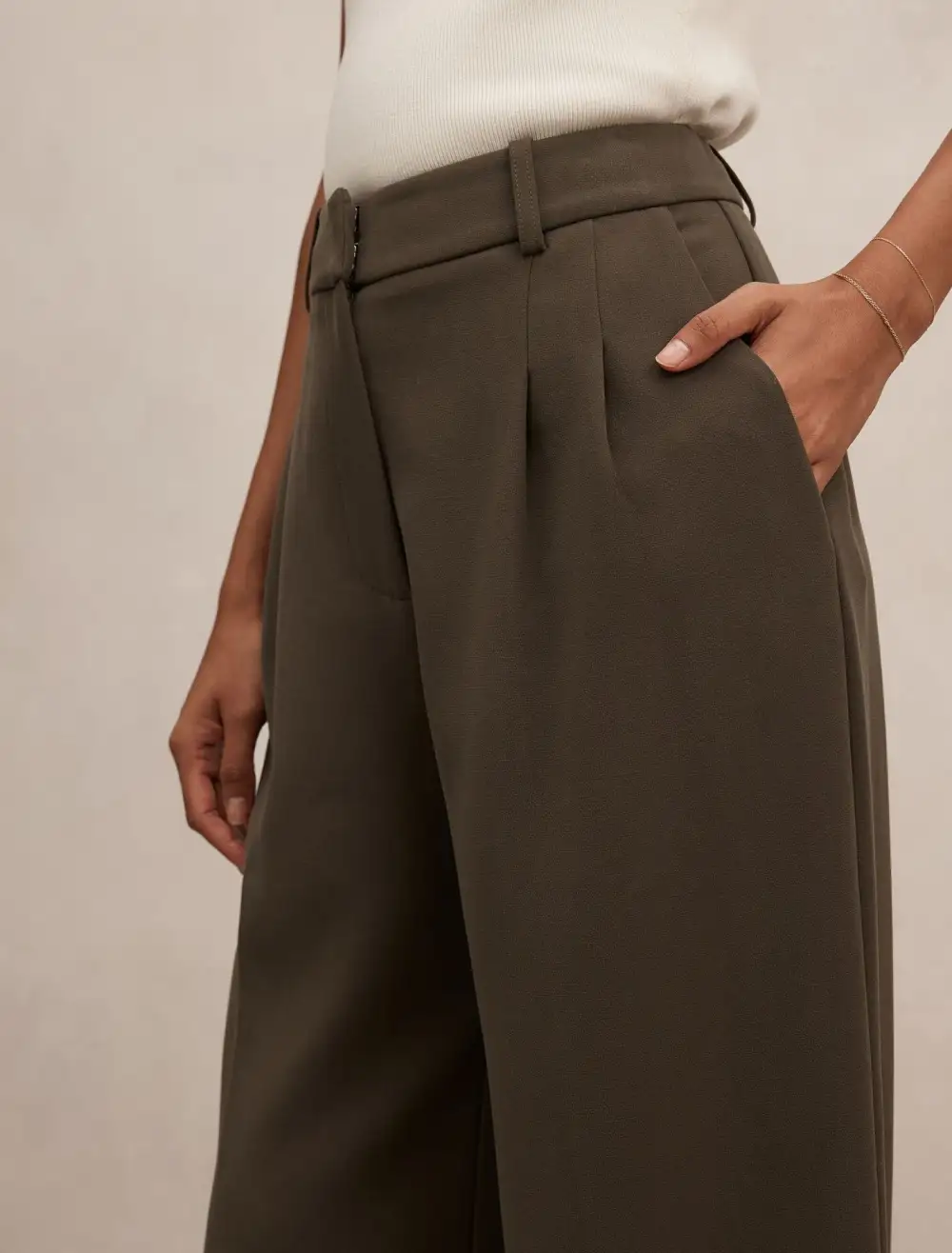 Olive Green Petite Pleat Wide Leg Pants