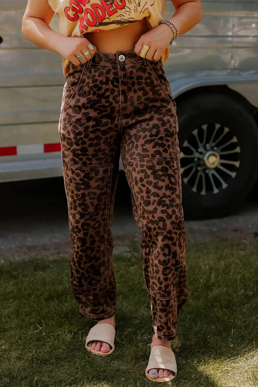 Women's Clear Seam Detail Patchwork Leopard Print Barrel Jeans