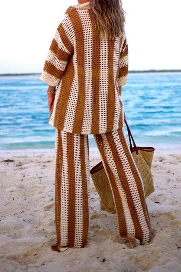Colorblock Cutout Polo Neck Pant Set