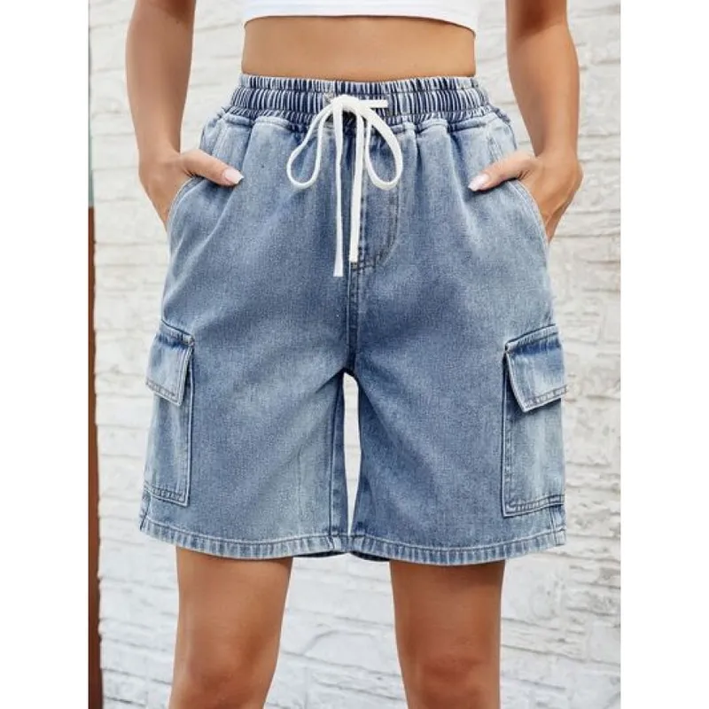Drawstring Denim Shorts with Pockets