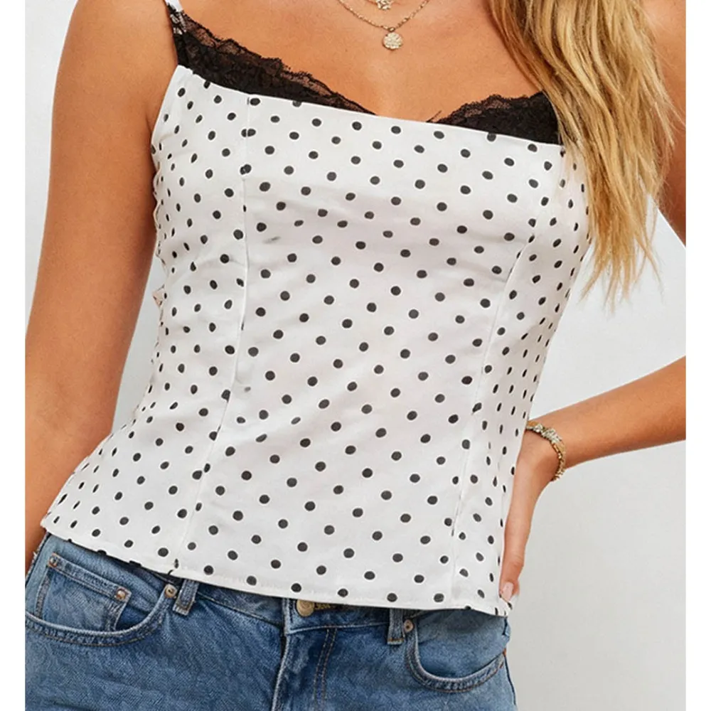 Polka Dot Lace Panel Square Neck Bodycon Cami Top