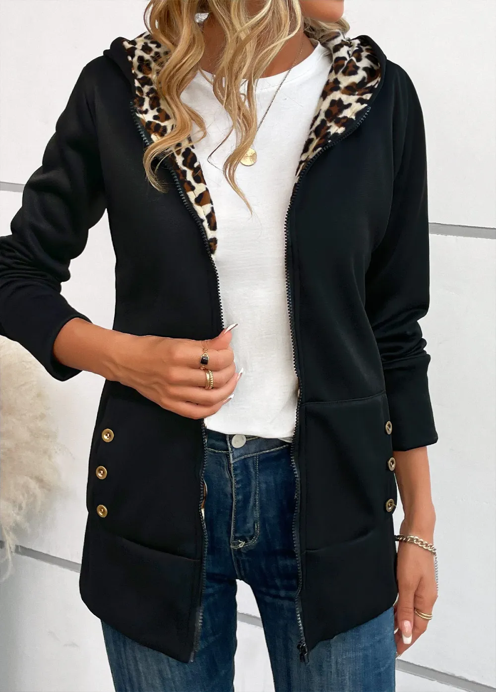 Black Zipper Leopard Long Sleeve Hooded Coat