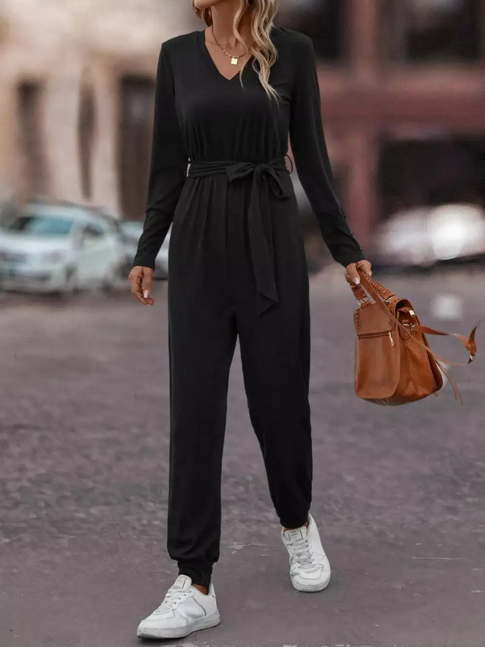 V Neck Long Sleeve Tie Waist Jumpsuit