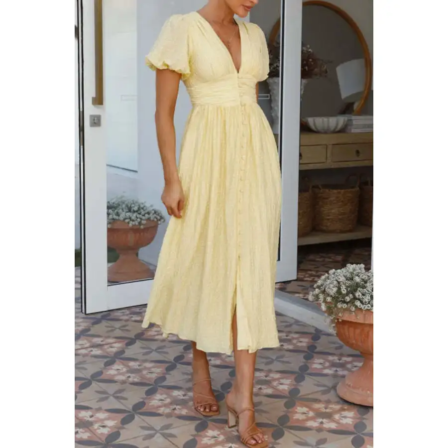 V-Neck Puff Short Sleeve Midi Dress