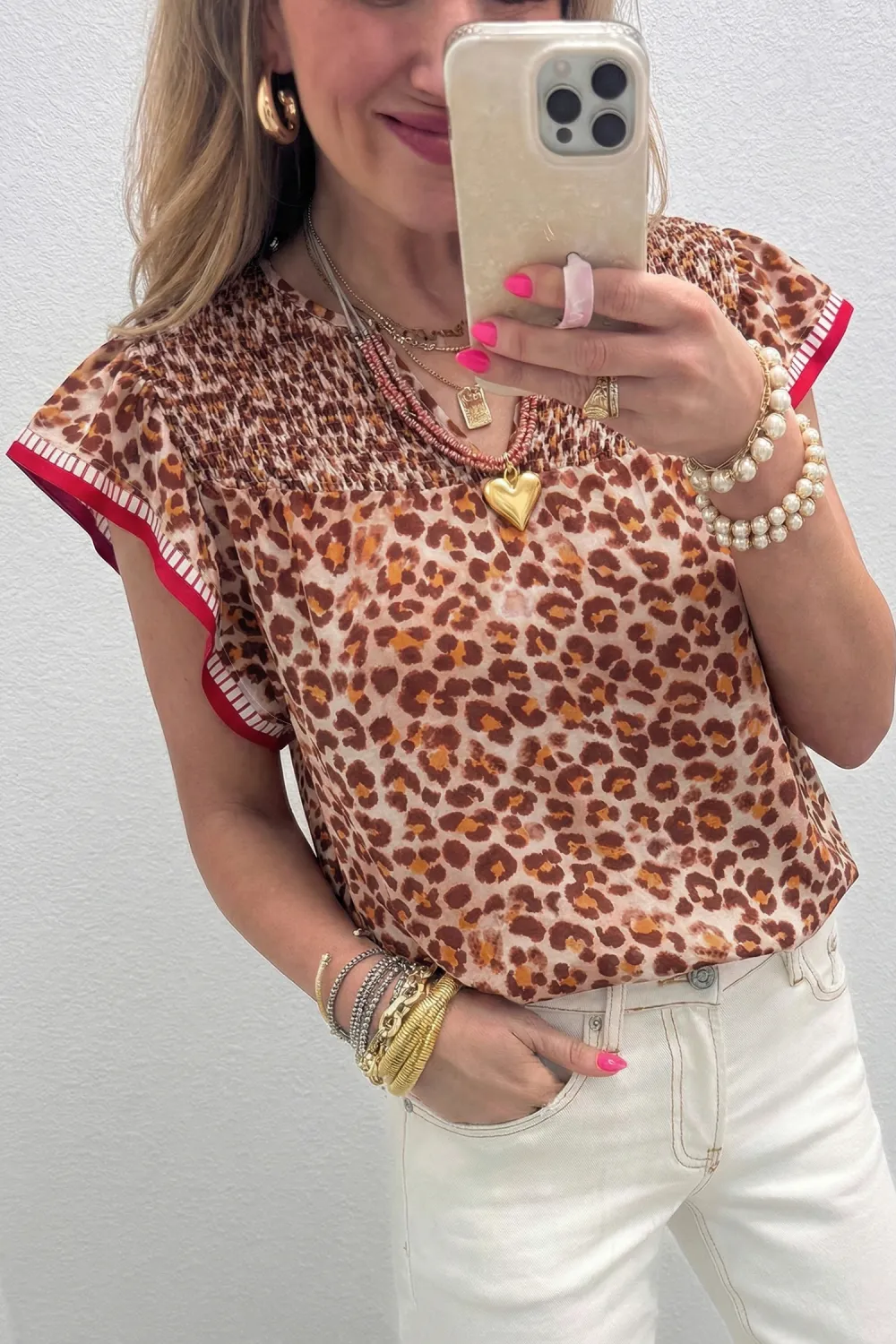 Apricot Contrast Trim Ruffled Short Sleeve Blouse