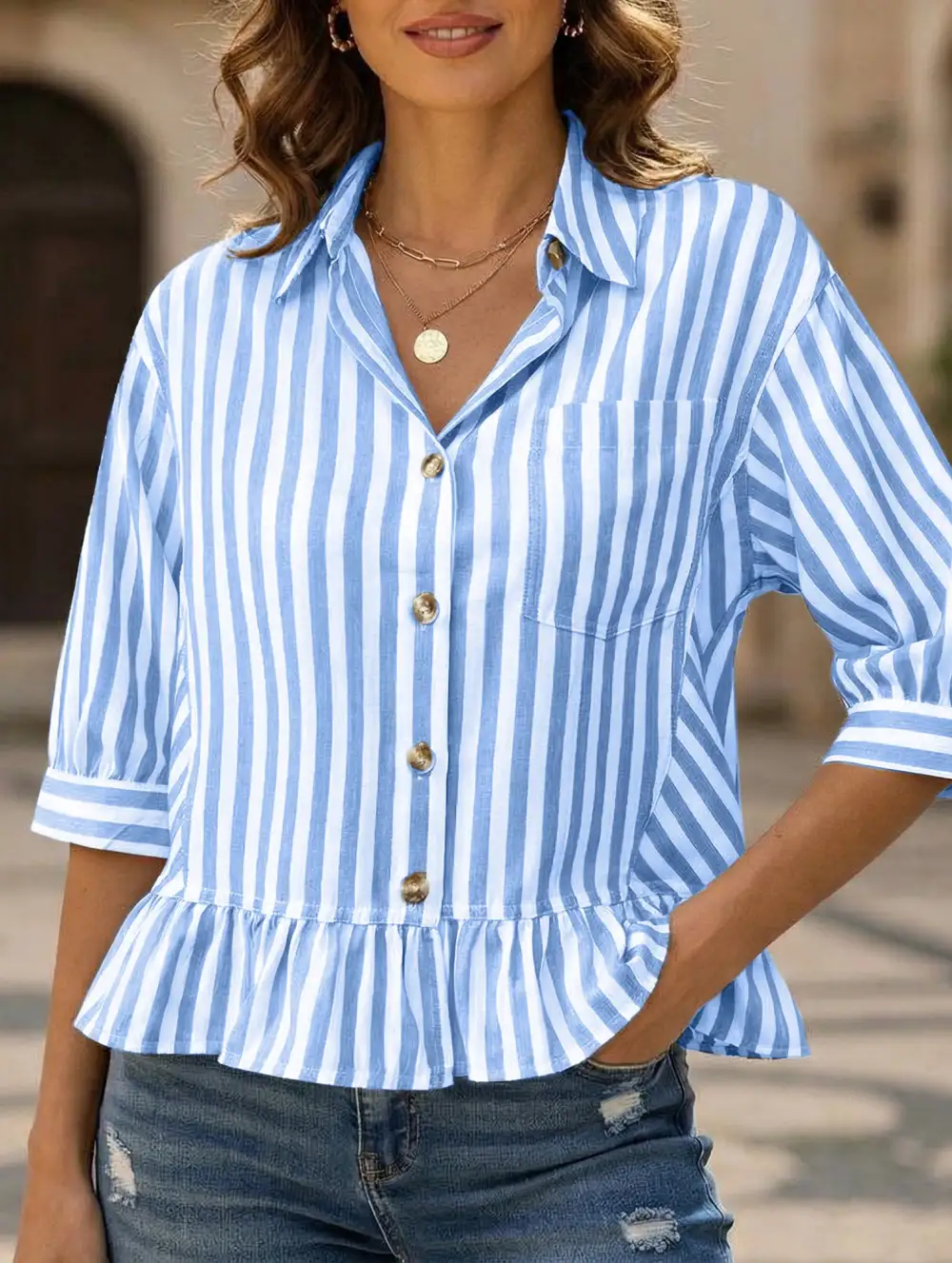 Stripe Button Three Quarter Sleeve Shirt