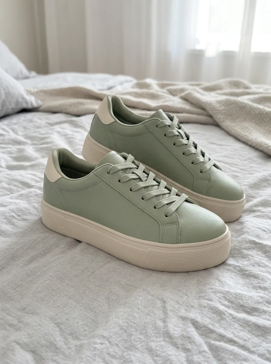 Women's Sage Green Minimalist Platform Lace-up Sneakers