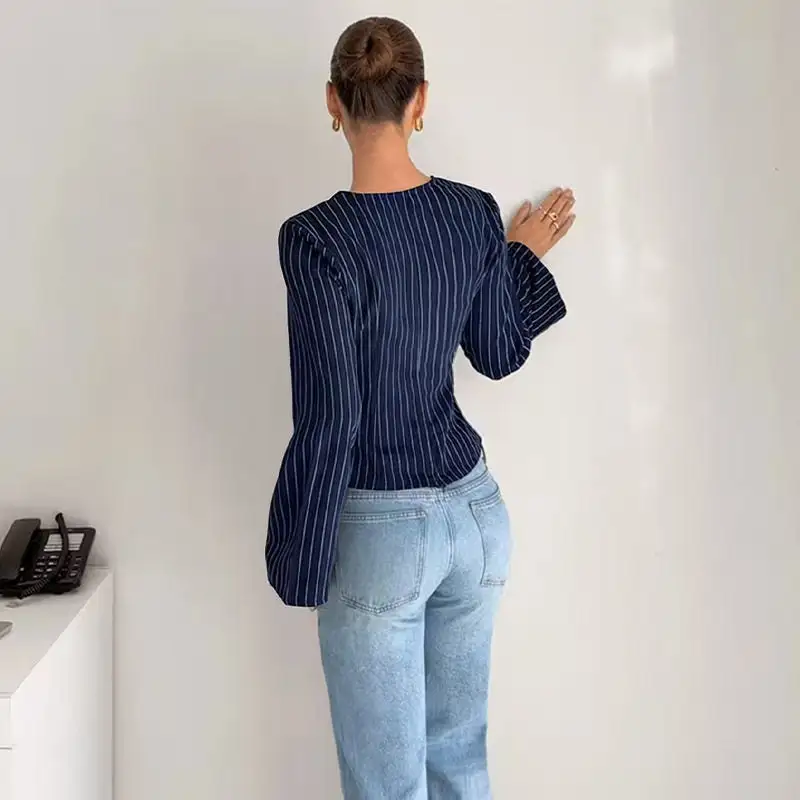 Decorative V-Neck Striped Long Sleeve Shirt