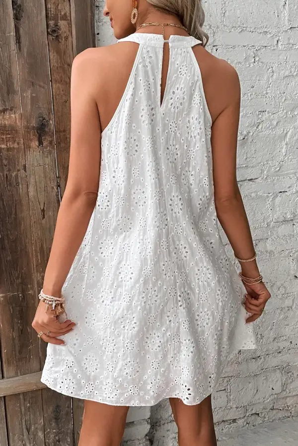 Boho Eyelet Pattern Halter Neck Sleeveless Dress