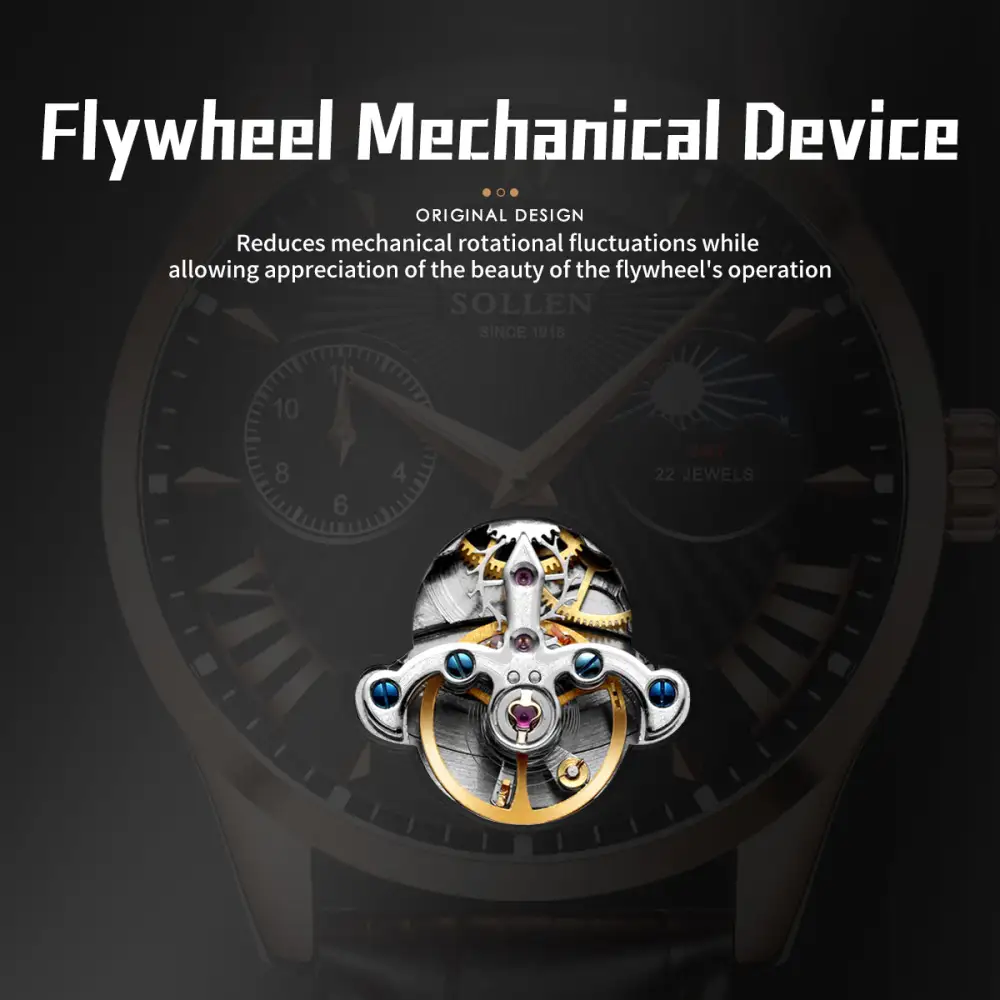 Sollen SL302 Men's Open Heart Automatic Mechanical Watch - 41mm Stainless Steel Case Moon Phase Dual Time Sunburst Dial Wristwatch
