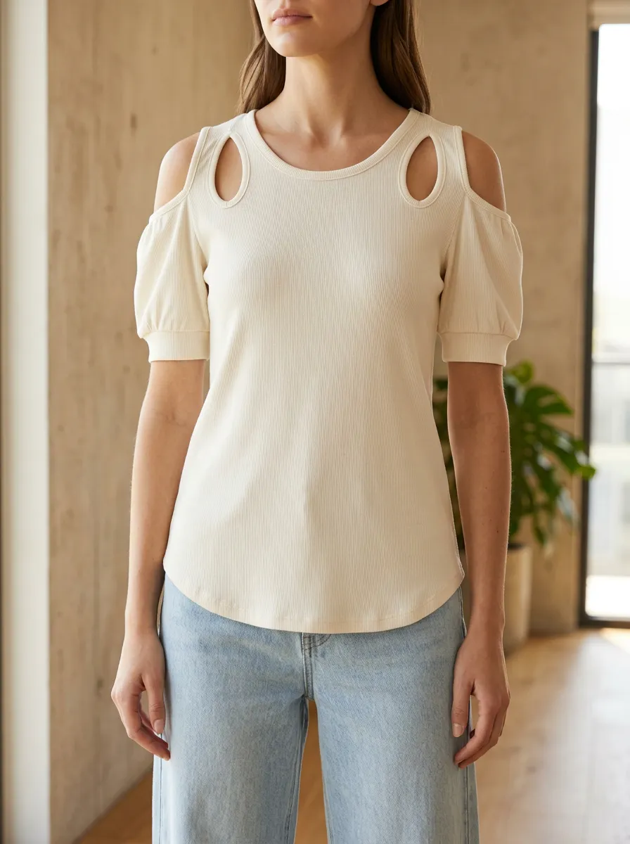 Women's Casual Cream Ribbed Cold Shoulder Puff Sleeve Top