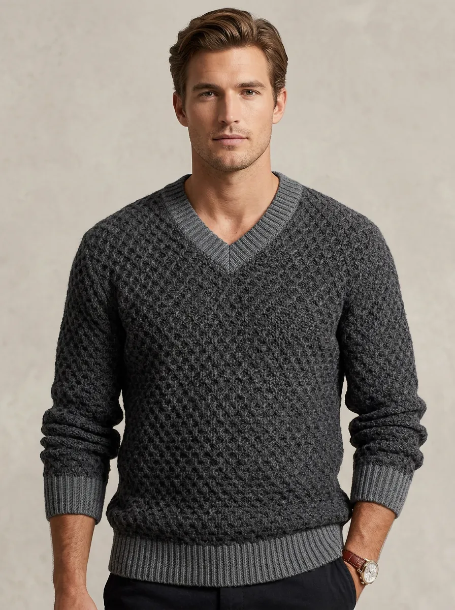 Men’s Ribbed Waffle-Knit V-Neck Sweater