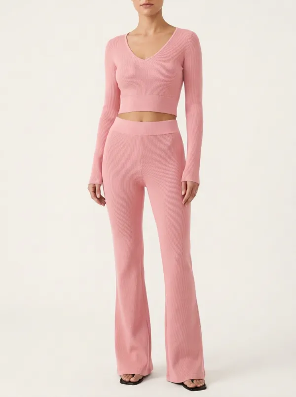 Women's Ribbed V-Neck Wide-Hem Crop Top and Flare Trouser Set