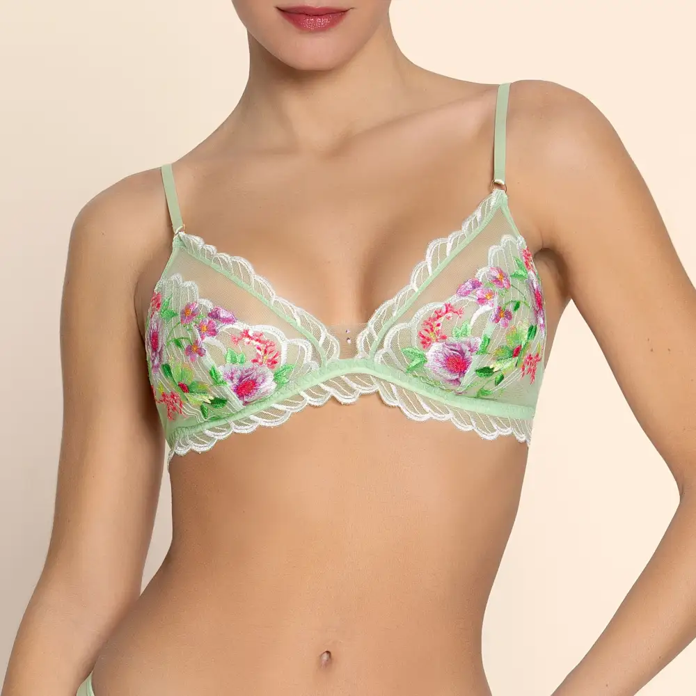 Women's Wireless Adjustable Straps Floral Lace Embroidery Mesh Triangle Floral Detail Decorative Stone Bra