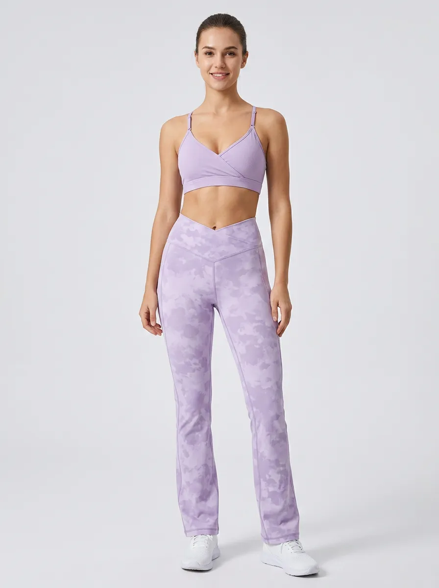 Women's Yoga Fitness Lavender Tie-Dye Printed Workout Set
