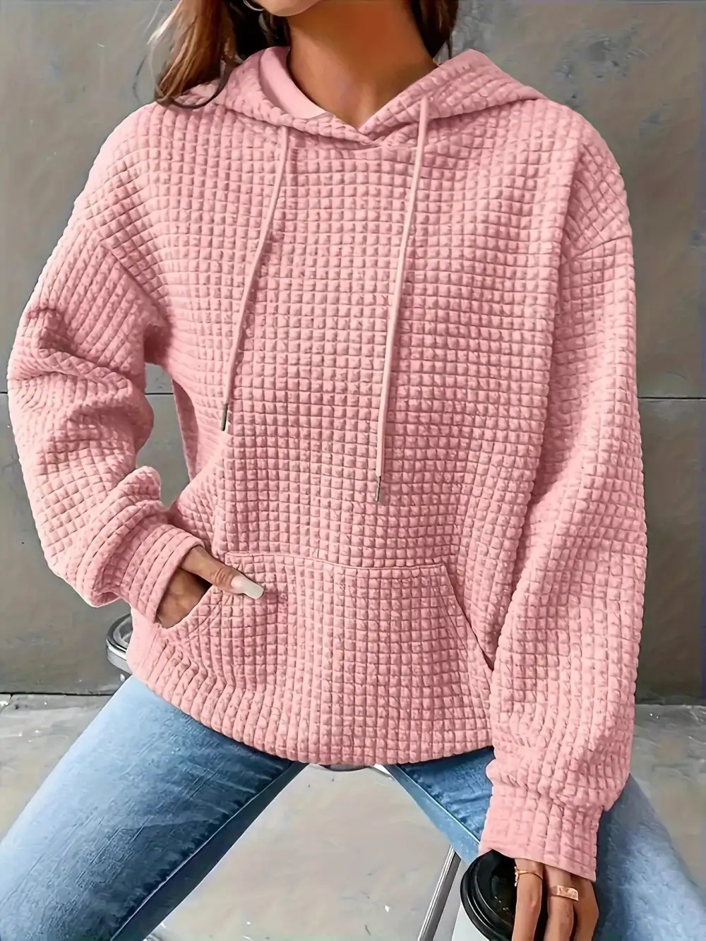 Drawstring Pocketed Textured Knit Hoodie