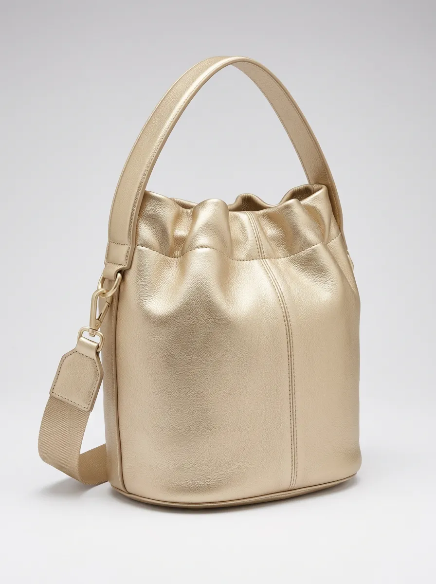 Women's Classic Gold Metallic Bucket Purse with Metallic Gold Finish