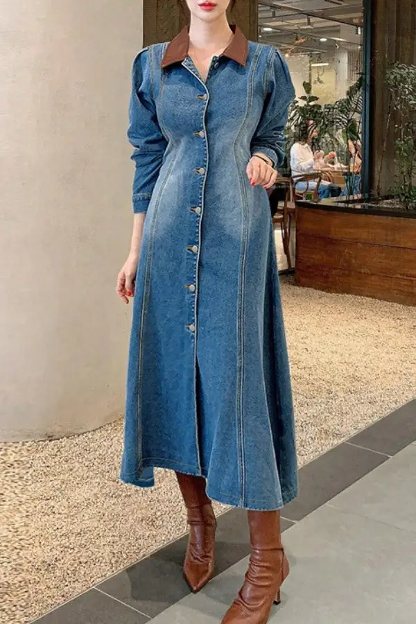 Patchwork Gradient Denim Single-Breasted Midi Dress