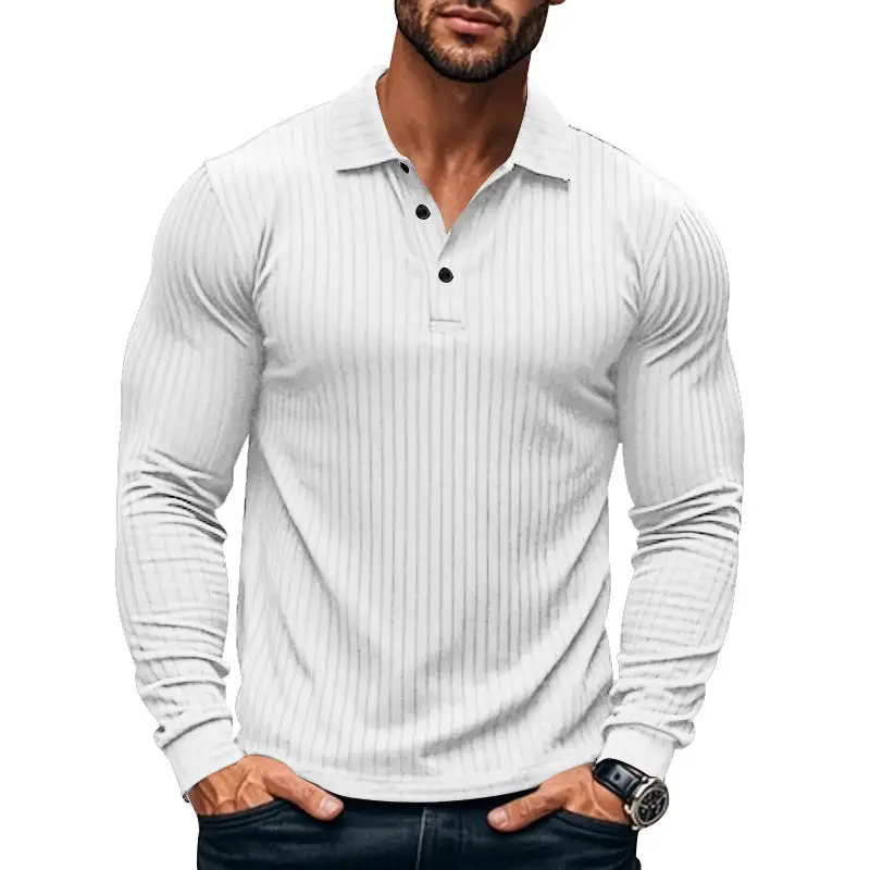 Ribbed Button Placket Spread Collar Polo Shirt