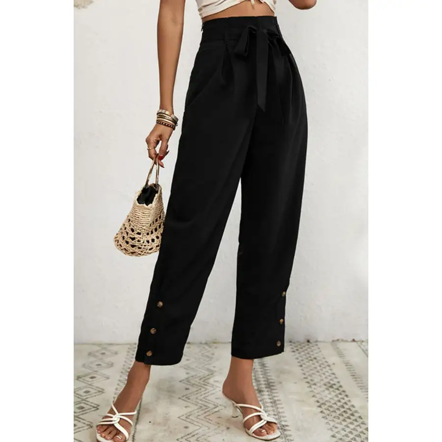 Buttoned Tie Waist Cropped Pants
