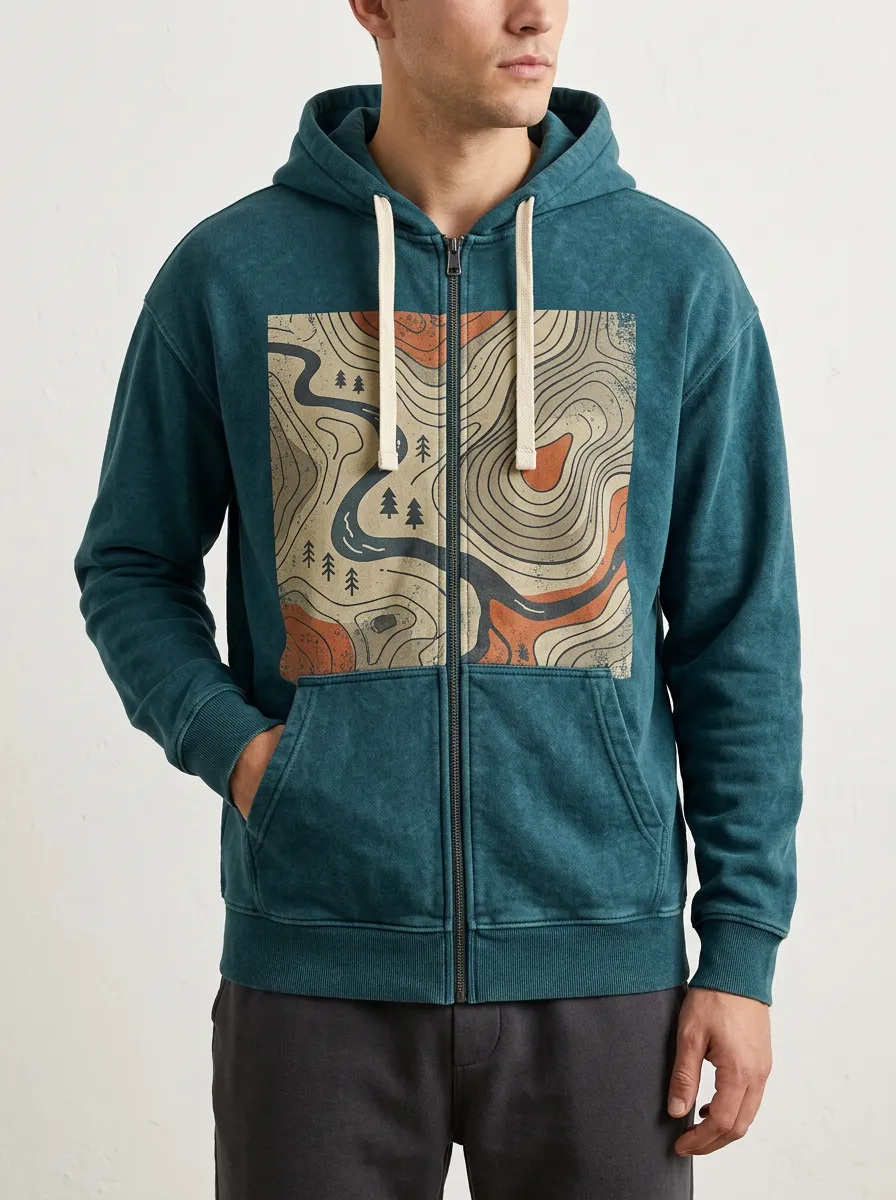 Men's Outdoor Hiking Topographic Map Sleeve Graphic Zip-Up Hoodie