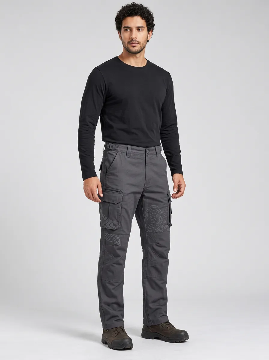 Men's Charcoal Grey Topographic Multi-Pocket Reinforced Knee Straight-Leg Tactical Cargo Pants