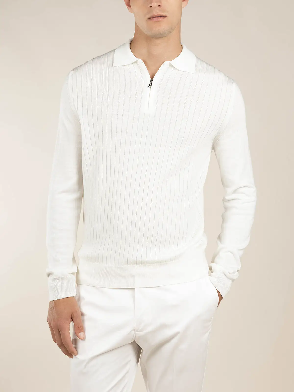 Extrafine Merino Merino Wool Zip Front Ribbed Slim Fit Profile Polo Shirt