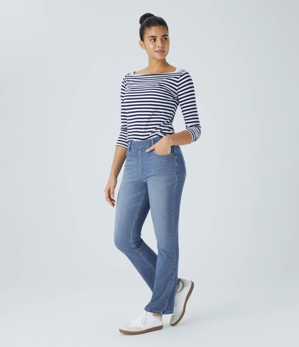 Magic High Waisted Multiple Pockets Washed Stretchy Knit Casual Bootcut Jeans