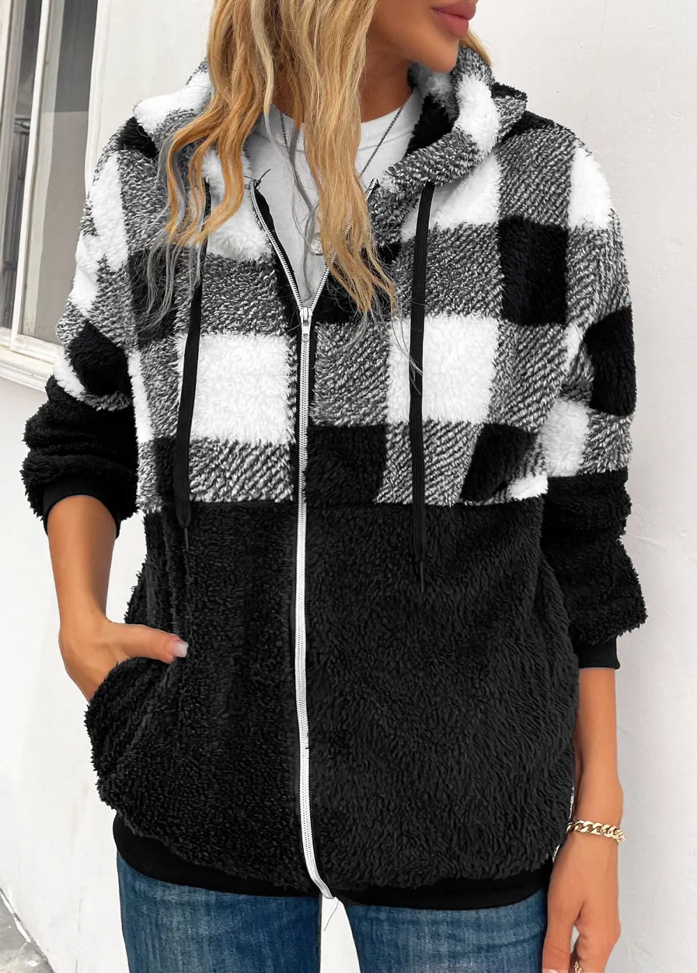 Black Pocket Plaid Long Sleeve Hooded Coat
