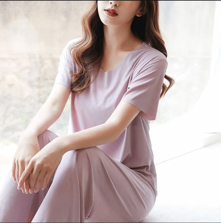 (💥48 % OFF)Soft Comfortable Ice Silk Short Sleeve T-Shirt Two Piece Set Loose Wide-leg Pants