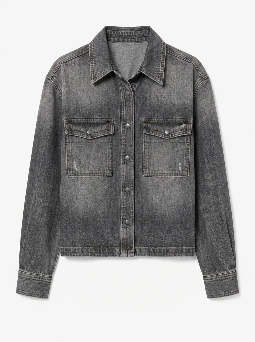 Women's Casual Vintage Washed Grey Denim Button-Down Shirt