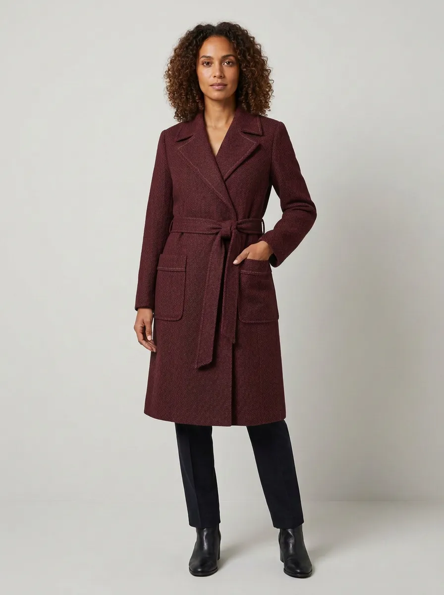 Women's Classic Herringbone Pattern Belted Wool Blend Coat