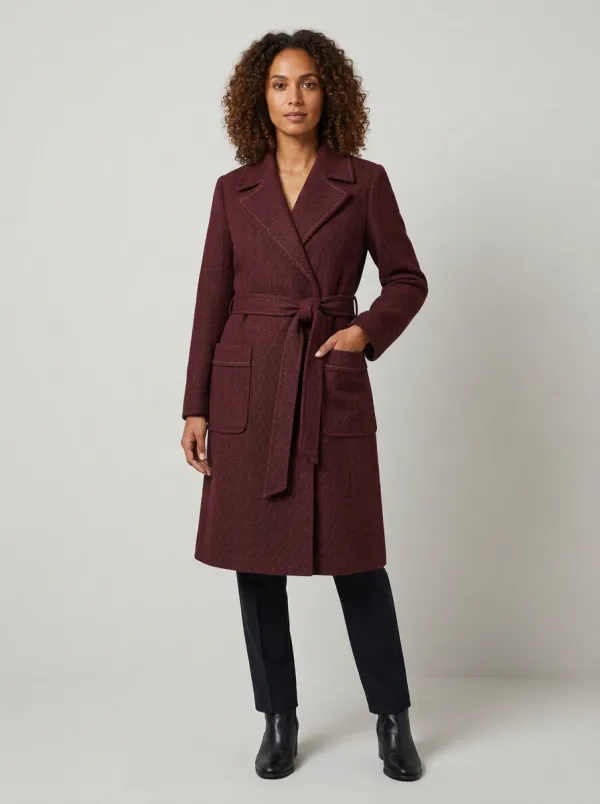 Women's Classic Herringbone Pattern Belted Wool Blend Coat